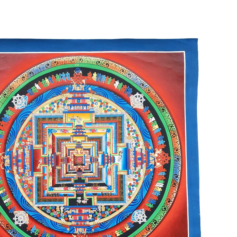 May include: A colorful mandala with a square pattern in the center, surrounded by a circle of blue, green, and red. The mandala is filled with intricate details and symbols.