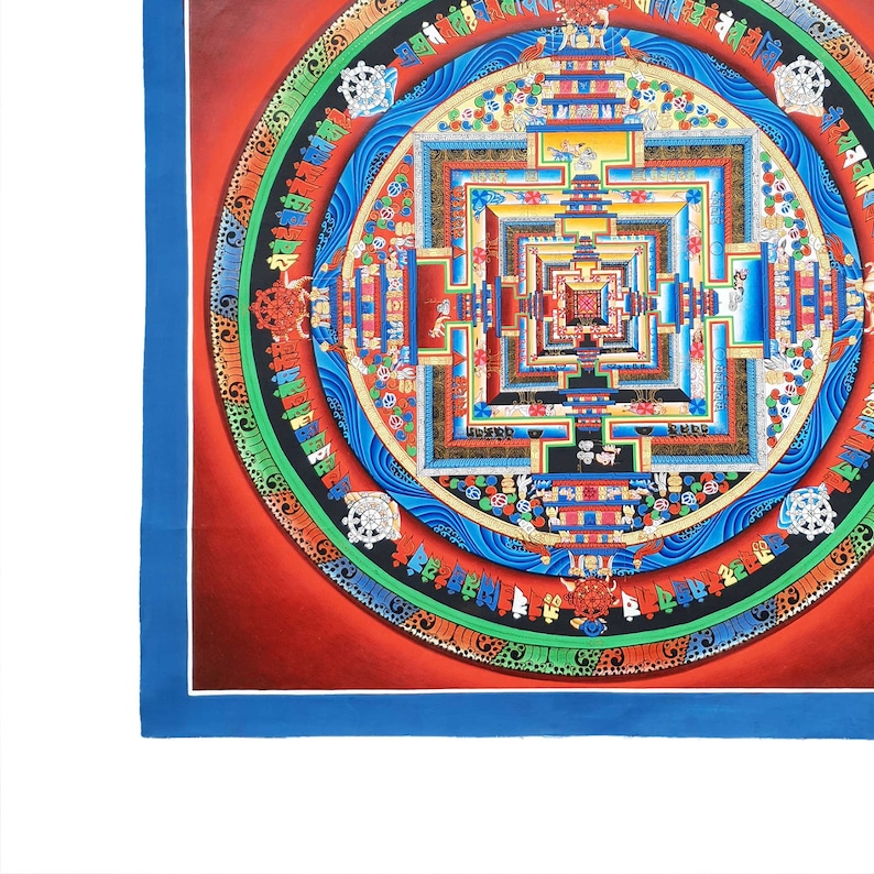 May include: A colorful mandala with intricate details and a central square surrounded by concentric circles. The mandala is painted in shades of red, blue, green, yellow, and gold.