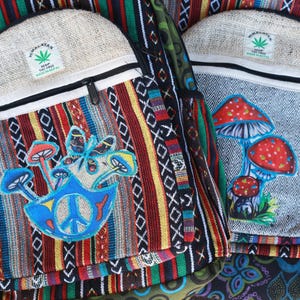 Magic Mushroom Himalayan Hemp Bag Multi Pocket Casual Daypack College Travel Commuter Weekender Adult Backpack 16&quot; H x 12&quot; W Capacity 18-20L