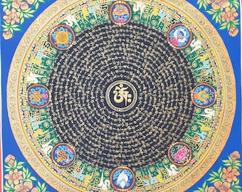 Om Mani Padme Hum Thangka Pintura Tibetana Mantra Mandala Asthamangala Arte Budista Pedra Cores Dourada