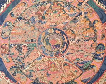 Bhavachakra, Vintage Wheel of Life Thangka, Tibetan Thangka Painting, Thangka Art, Wall Hanging Art, Buddhist Art, Gold, Master Artist