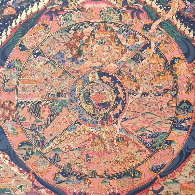 Pode incluir: Uma pintura circular colorida que representa uma roda da vida com detalhes intrincados e figuras. A roda &eacute; dividida em se&ccedil;&otilde;es com diferentes cenas e s&iacute;mbolos. O centro da roda apresenta uma divindade com uma coroa e uma aur&eacute;ola. A pintura &eacute; feita em um estilo tradicional com cores vibrantes e detalhes dourados.