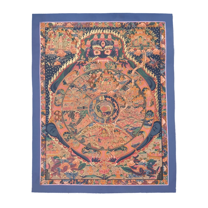 May include: A colorful Tibetan Buddhist painting depicting the Wheel of Life, a circular diagram illustrating the cycle of rebirth and suffering. The central image is a deity with multiple heads and eyes, surrounded by various scenes of life and death.