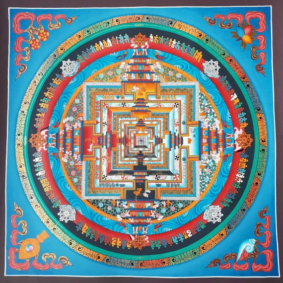 Kalachakra Mandala, Wheel of Time Tibetan Thangka Painting, Meditation Decor, Yoga Art, Wall Art Canvas, Hand Painted, Buddhist Art, Gold