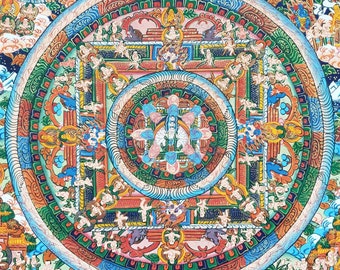 May include: A colourful mandala with intricate details and a central figure. The mandala is surrounded by a series of concentric circles and squares, each filled with different patterns and figures. The colours are vibrant and include red, blue, green, yellow, and white.