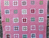 Monkey Wrench Antique Quilt with Assorted Pieced Blocks and Double Pink Sashing Shoo Fly Churn Dash Double Wrench