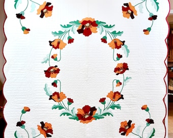 Vintage Poppies Appliqué Quilt with Flowers of Red and Salmon with Leaves in Two Shades of Green