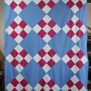 Nine Patch Vintage Quilt Top, Hand Pieced, Solid Fuchsia, Lapis Blue, and White