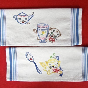 Vintage Linen Towels with Embroidered Kittens, Coordinating Pair/ Kitchen Towels with Blue Stripes and Embroidery/Tea Towels/ Dish Towels