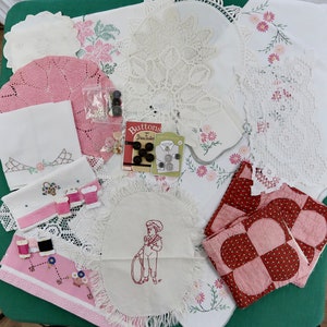 Vintage Linens Crafting Bundle, Lot of 21+ Pieces/ Tablecloth, Doilies, Buttons, Runners, Fabric & More/ Slow Stitch Kit, Junk Journaling