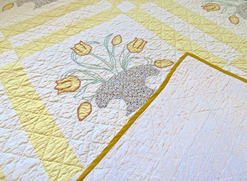 Tulips in Baskets Appliqué Antique Quilt in Yellow Etsy