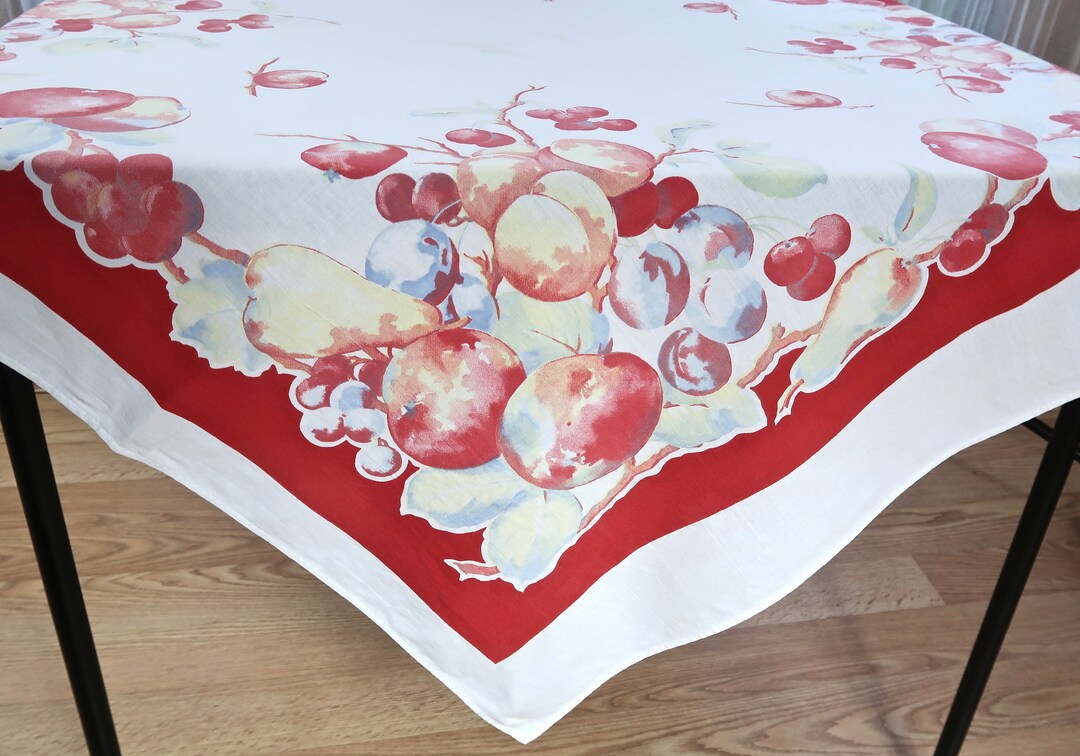 Vintage Fruit Tablecloth With Apples, Plums, Grapes, Peaches, and Pears on White Cotton/ Printed