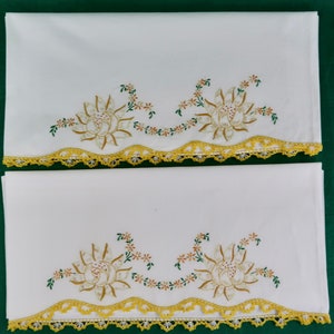 Vintage White Cotton Pillowcases with Embroidered Flowers in Shades of Gold with Gold  Crochet Edge, Matching Pair/ Pillow Slips