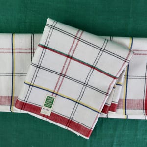 Vintage Red Plaid Linen Towels in Natural Linen with Stripes of Red, Black, Blue, Green and Yellow, Matching Pair/ Kitchen Dish Towels