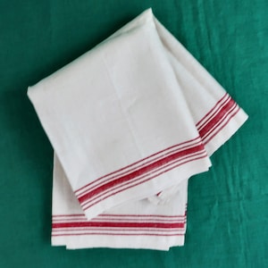 Vintage Linen Towels with Red Border Stripes, Matching Pair/ Natural Linen Kitchen Towels with Woven Stripes/ Dishtowels