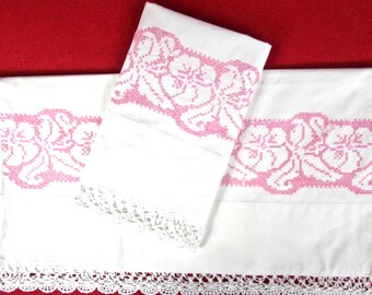 Vintage White Cotton Pillowcases with Cross Stitch Pink Flowers and White Crochet Edge, Matching Pair/ Pillow Cases with Pink Embroidery