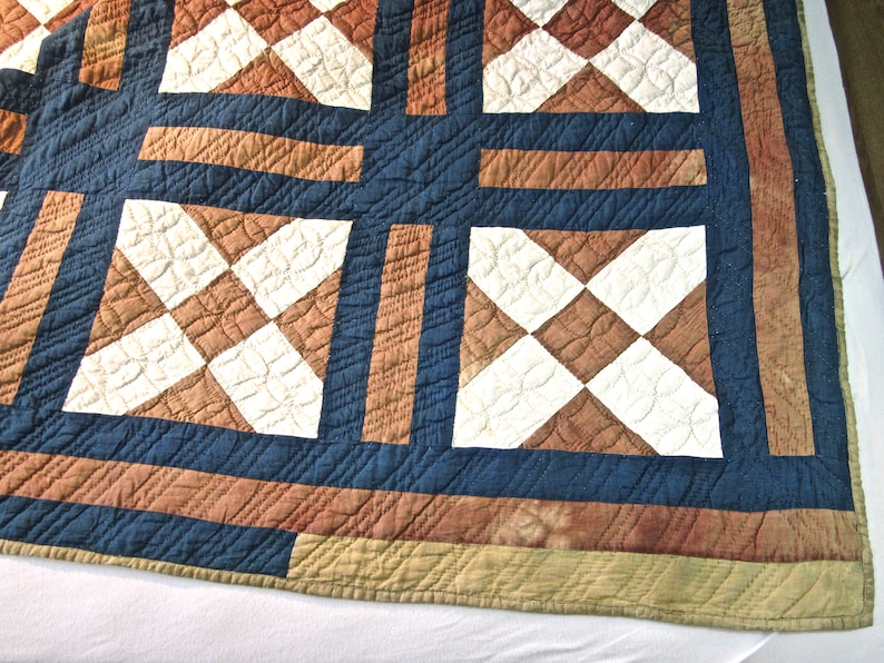 Bachelor/'s Puzzle Antique Quilt in Brown Blue,and White Dark Indigo Blue and White Solid Fabrics Hand Quilted Vintage Quilt in Brown