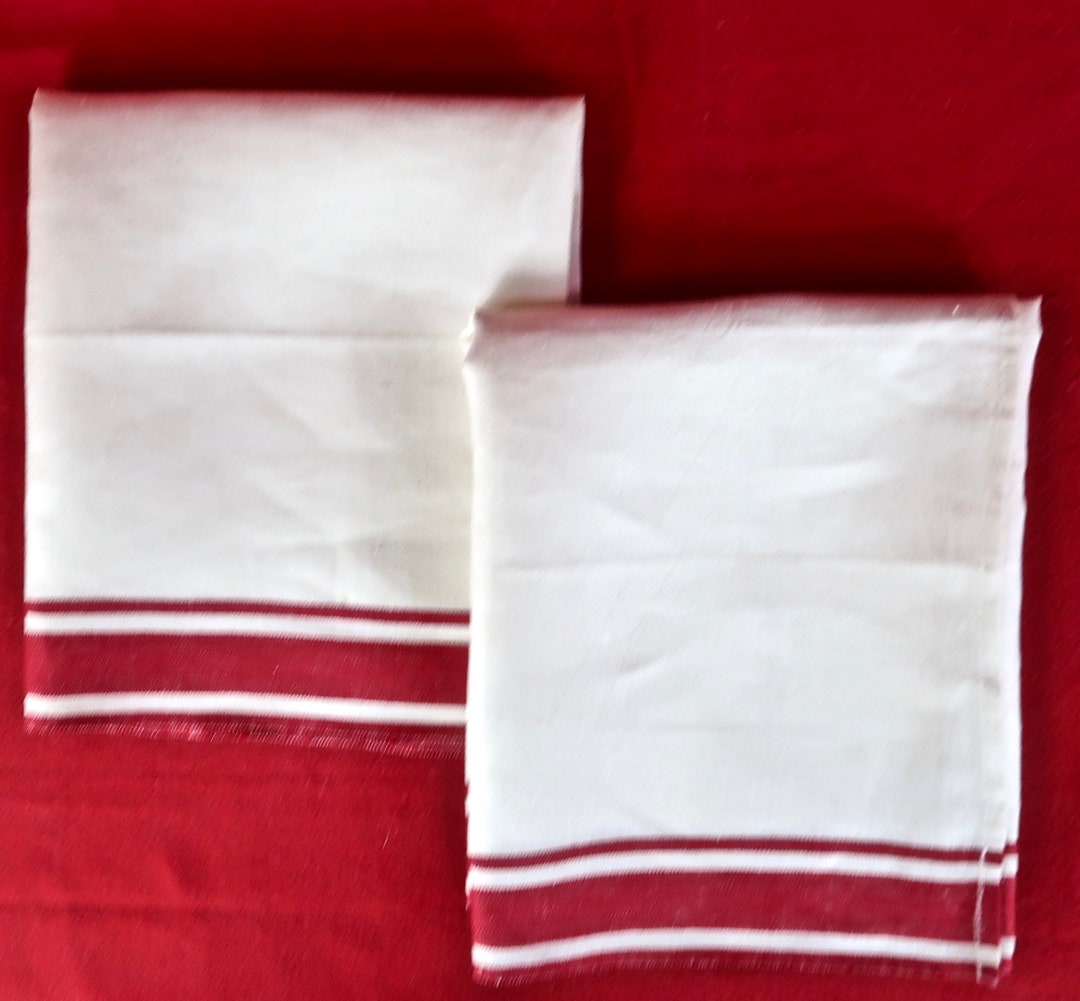 Vintage Natural Linen Towels With Red Stripes/ Offwhite Linen Kitchen