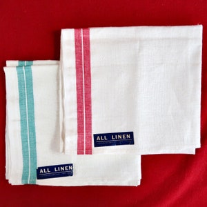 Vintage Linen Towels with Red and Aqua Stripes, Coordinating Pair/ Woven Striped Kitchen Towels/ Dish Towels