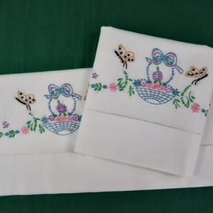 Vintage White Pillowcases with Embroidered Basket, Flowers, and Butterflies, Matching Pair/ Pillow Cases with Hemstitching/ Pillow Slips