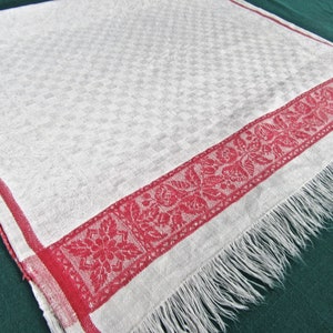 Vintage Damask Towel with Red Striped Design on White Checked Woven Pattern Cotton / Woven Striped Kitchen Towel/ Dish Towel