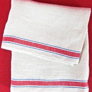 Vintage Natural Linen Loose WeaveTowel with Red, White, and Blue Stripes/ Off-White Linen Kitchen Towel/ Red Striped Tea Towel/Dish Towel
