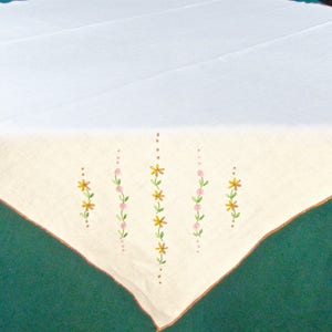 Natural Linen Vintage Tablecloth with Embroidered Flowers in Pink, Gold & Brown / Table Topper/ Luncheon Cloth