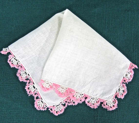 Two Vintage Hankies with Tatted Edges/ White Line… - image 8