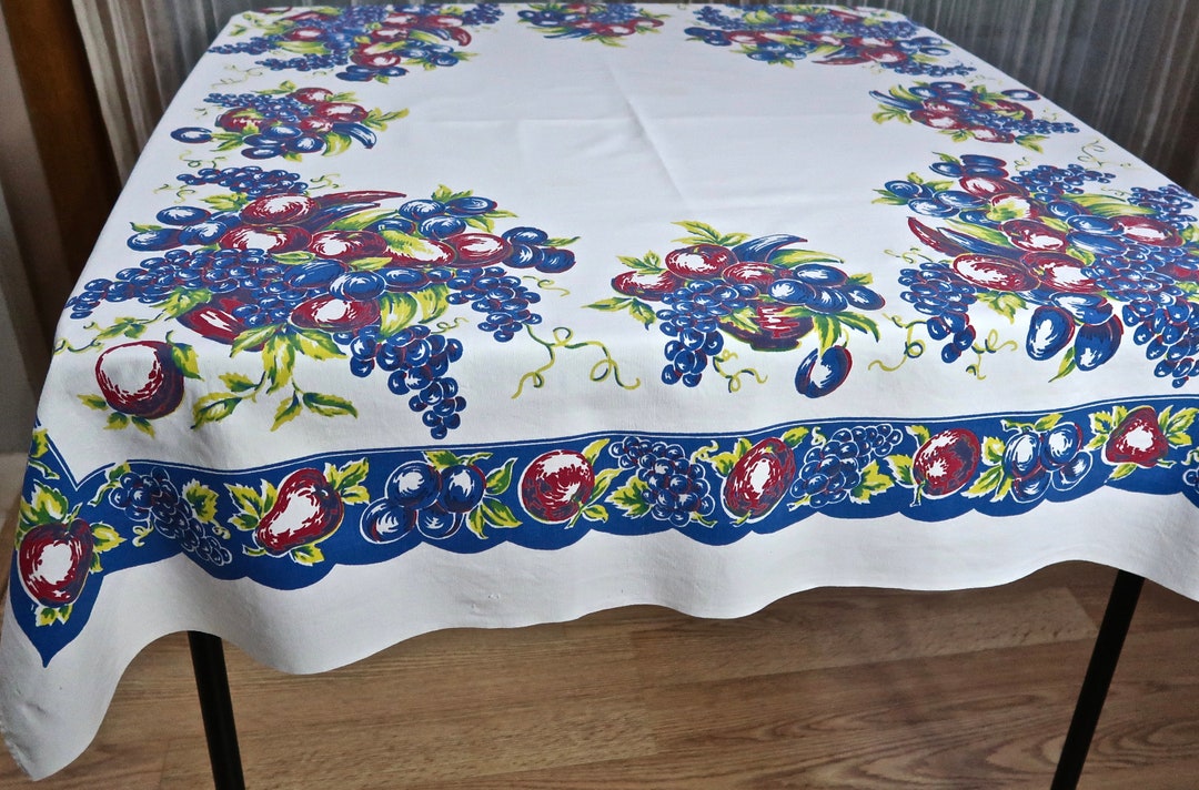 Vintage Fruit Tablecloth in Dark Blue, Red, and Yellow on White Cotton / Printed Tablecloth With