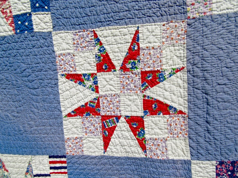 54 40 Or Fight Antique Quilt In Multicolor Blocks With Blue Alternating Ground Bedding Home Living Wearefunnel Com