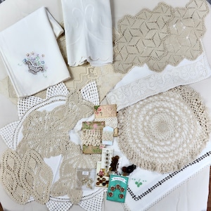Vintage Linens Crafting Bundle, Lot of 15+ Pieces/ Tablecloth, Doilies, Buttons, Lace, Runners & More/ Slow Stitch Kit, Junk Journaling