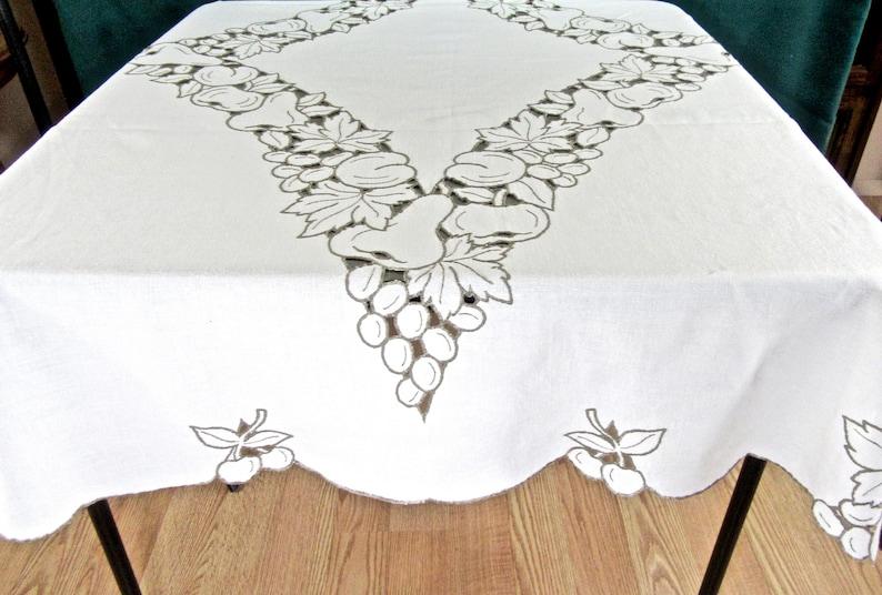 Vintage Ecru Linen Tablecloth With Fruit Cutwork in Taupe Etsy