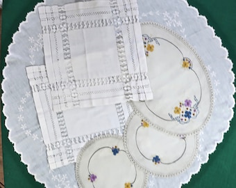 Vintage Linen Doilies, Lot of 6/ Doily Group with Embroidery, Drawn Thread Work, Crochet, and HemStitching/ Table Toppers