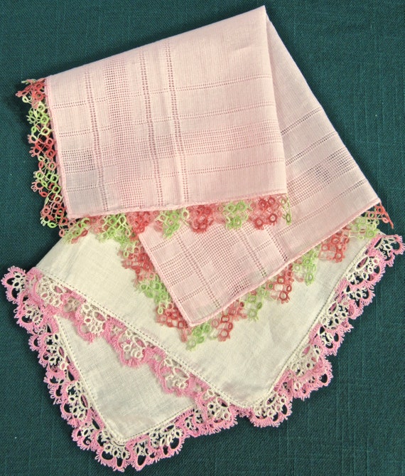 Two Vintage Hankies with Tatted Edges/ White Line… - image 1