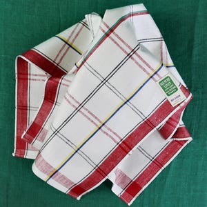 Vintage Plaid Linen Towel in Natural Linen with Stripes of Red, Black, Blue, Yellow, and Green/ Kitchen Dish Towel/ Striped Linen Towel