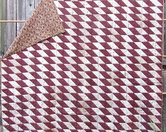 Diamonds Antique Quilt in Madder Brown and Shirting Fabrics with Print Back of Lacy Coral Shapes on Ombre Brown