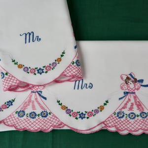 Vintage White Cotton Pillowcases with Embroidered Southern Belle, Matching Pair / Mr and Mrs Pillow Cases