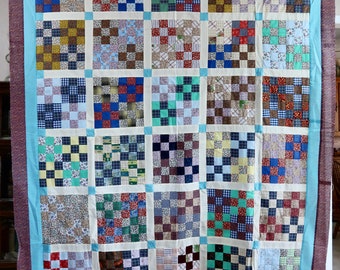 Vintage Double Nine Patch Quilt Top with Hand Stitched Pieced Blocks Separated by Sashing and Framed by Two Borders