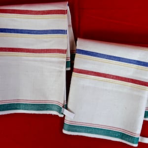 Vintage Linen Towels with Stripes of Green, Red, Blue, and Yellow, Matching Pair/ Striped Kitchen Dish Towels