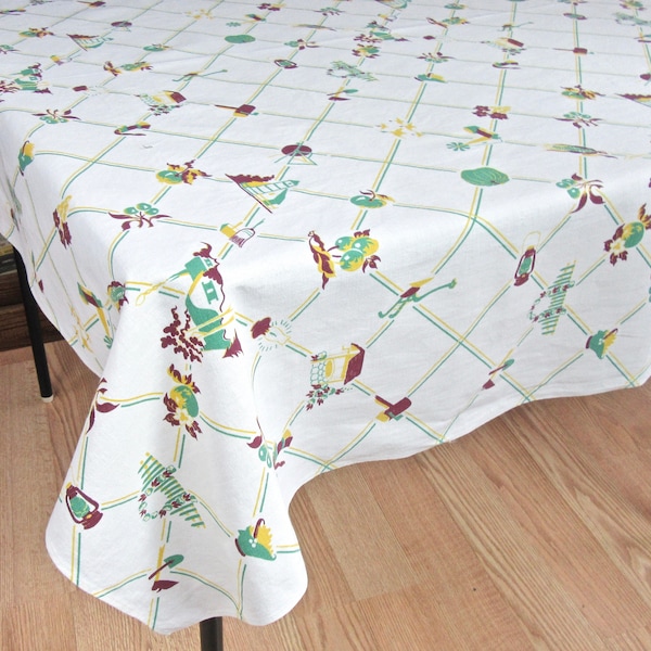 Vintage Printed Wilendur Tablecloth with Wishing Wells, Farm Scenes, Lighthouses, Arbors on Lattice of Green, Brown, & Yellow on Cotton