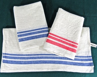 Vintage Towels with Stripes of Red and Blue, Set of Three/ PARTLINEN Striped Kitchen Dish Towels in Linen-Cotton with Hanging Loops