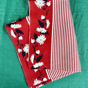 Vintage Cotton Kitchen Towel with Red Border and Daisies on a Center of Red and White Stripes/ Printed Kitchen Towel or Runner