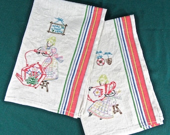 Vintage Linen Towels with Embroidered Cook, Coordinating Pair/ Kitchen Towel with Multicolor Stripes and Embroidery / Tea Towel/ Dish Towel