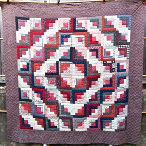 Log Cabin Barn Raising Antique Quilt in Light and Dark Multicolor Fabrics, Bars Pattern Back of Red and Yellow Calicos/ Reversible Quilt