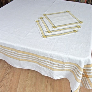 Vintage Plaid Linen Tablecloth in Orange and Black on Natural Off-White Linen/ Orange Woven Plaid Border Tablecloth with 3 Napkins