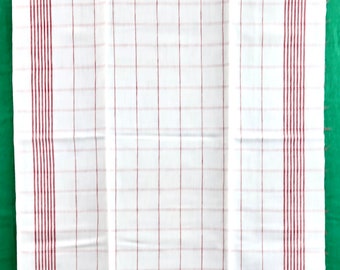 Vintage Plaid Cotton Linen Blend Towel in Ivory with Stripes of Turkey Red/ Checked Kitchen Dish Towel