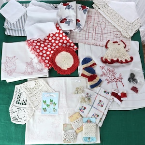 Vintage Linens Crafting Bundle, Lot of 21+ Pieces/Tablecloths, Runners, Buttons, Lace, Towels & More/ Slow Stitch Kit, Junk Journaling