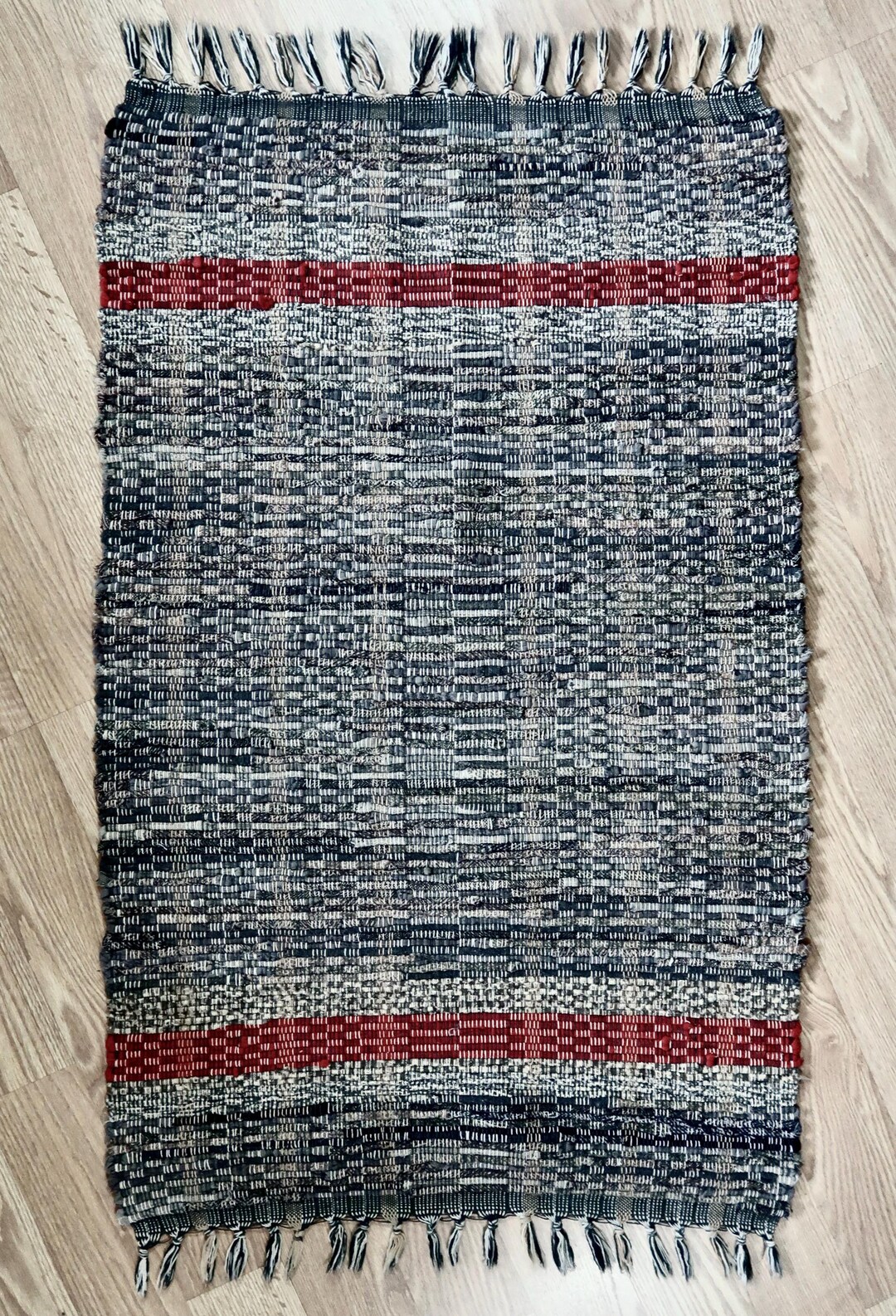 Vintage Hand Loomed Rag Rug in Taupe and Grey Wool With Grey and Beige ...