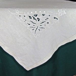 Vintage Ecru Linen Tablecloth with Cutwork Design and Ecru Embroidery in Four Corners and Hemstitching, 67 by 50 Inches