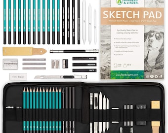 XL Drawing Set - Sketching, Graphite and Charcoal Pencils. Includes 100 Page Drawing Pad, Kneaded Eraser, Blending Stump. Art Kit and...